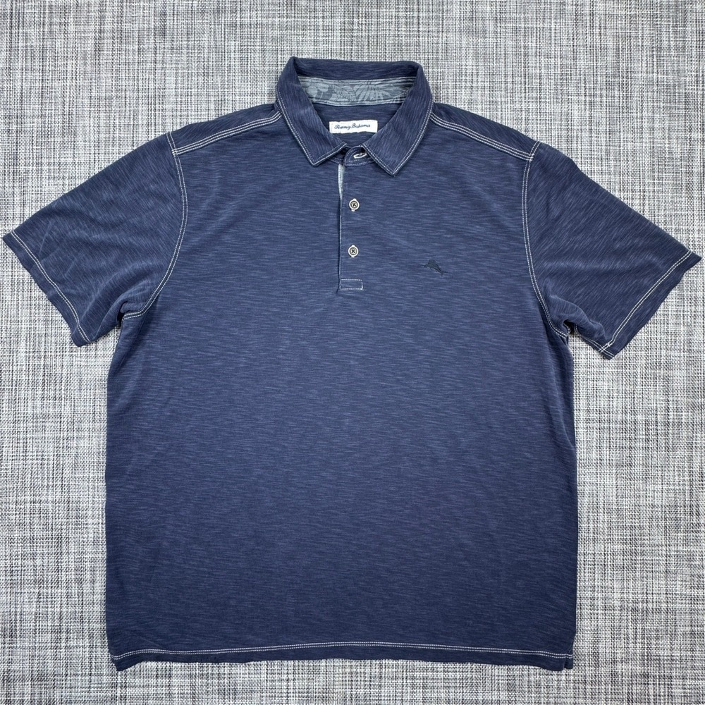 Tommy Bahama Polo Shirt Mens Large Navy Modal Blend Short Sleeve Marlin Logo